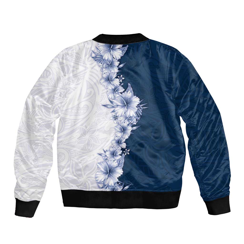 Hawaii Hibiscus Flowers Sleeve Zip Bomber Jacket Blue Polynesian Pattern