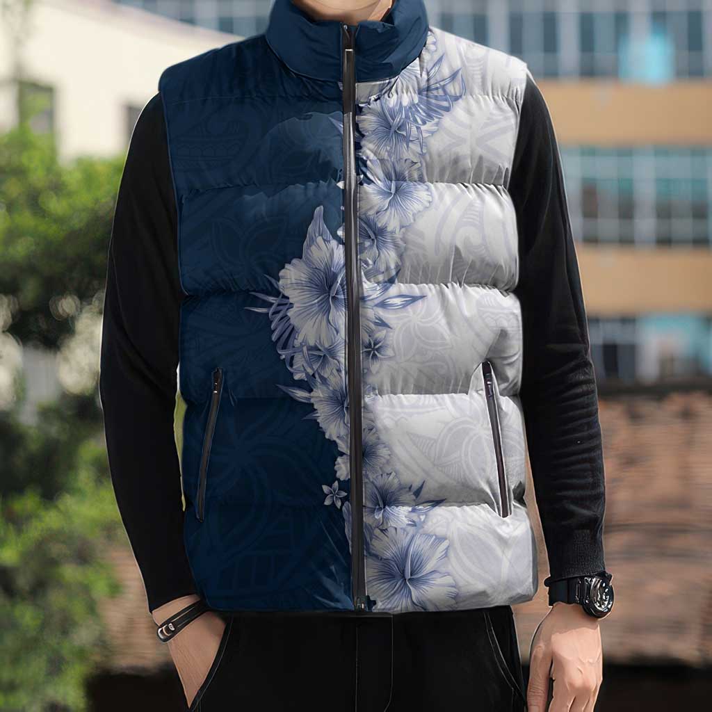 Hawaii Hibiscus Flowers Sleeveless Puffer Jacket Blue Polynesian Pattern