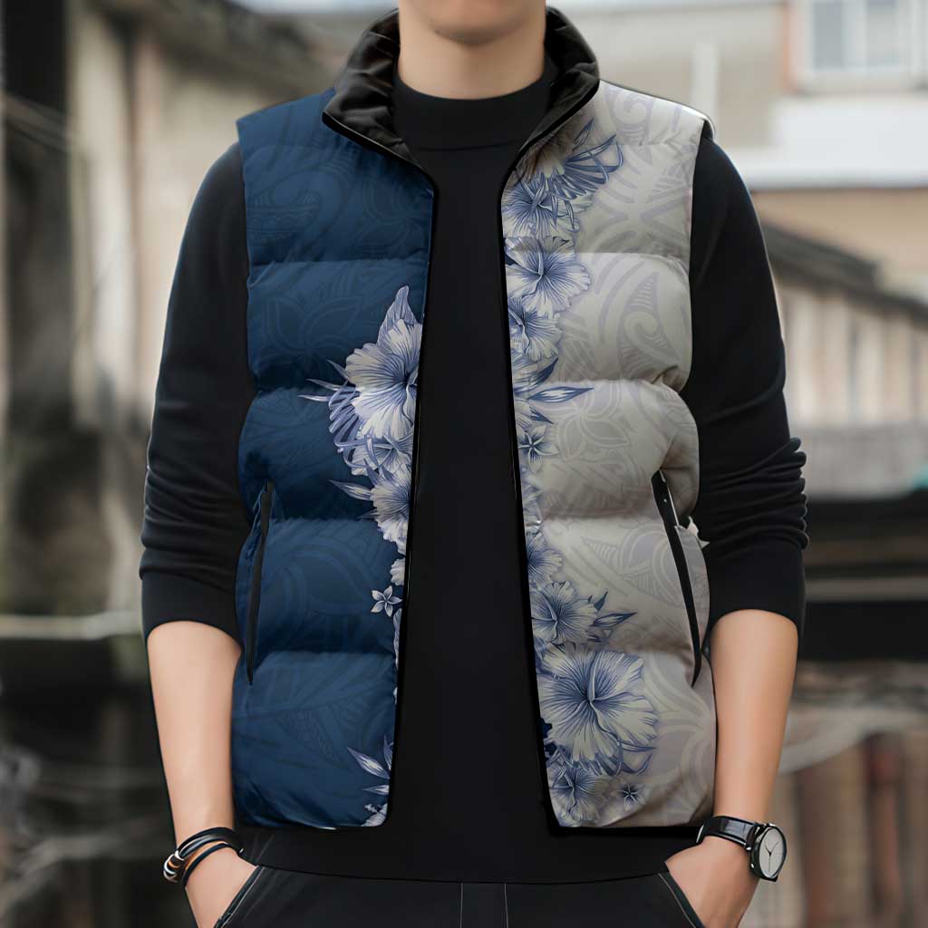 Hawaii Hibiscus Flowers Sleeveless Puffer Jacket Blue Polynesian Pattern