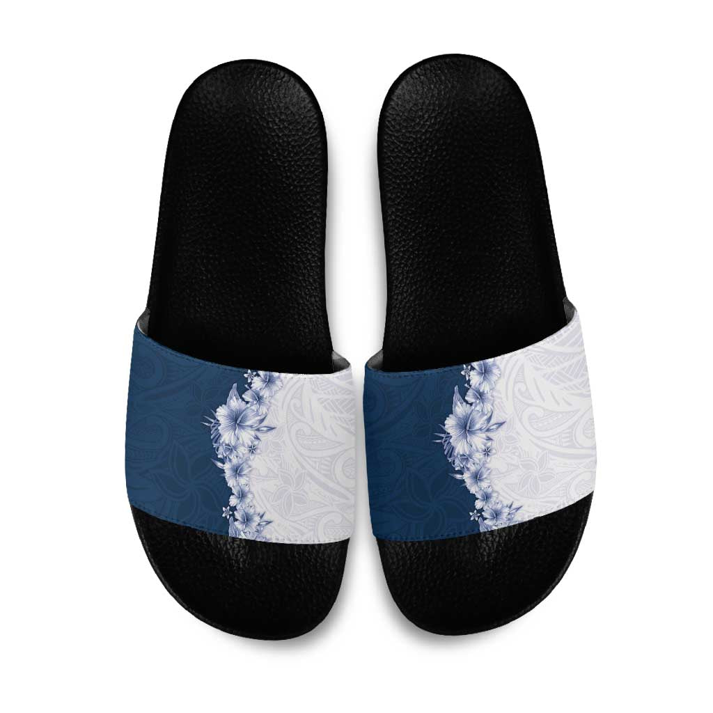 Hawaii Hibiscus Flowers Slide Sandals Blue Polynesian Pattern