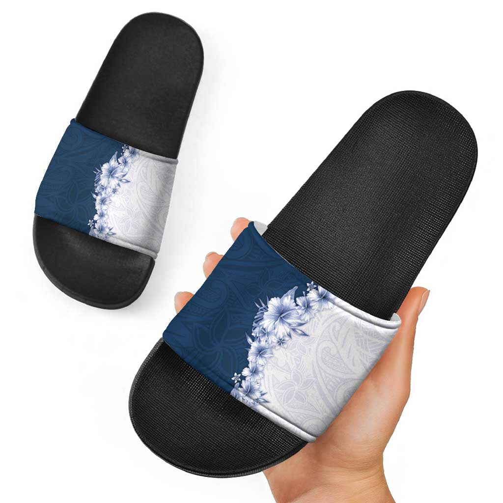 Hawaii Hibiscus Flowers Slide Sandals Blue Polynesian Pattern