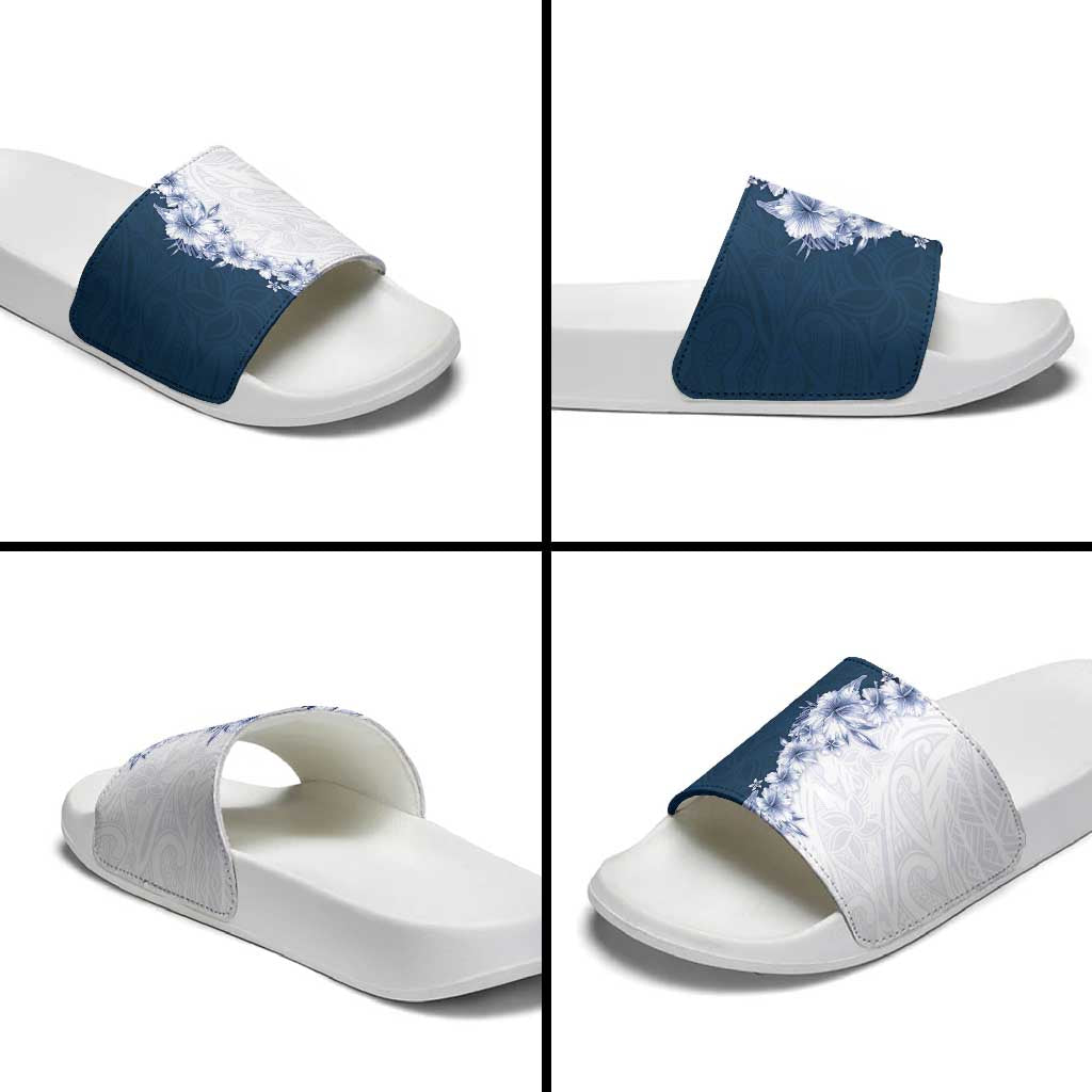Hawaii Hibiscus Flowers Slide Sandals Blue Polynesian Pattern