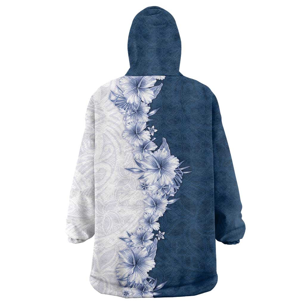 Hawaii Hibiscus Flowers Wearable Blanket Hoodie Blue Polynesian Pattern