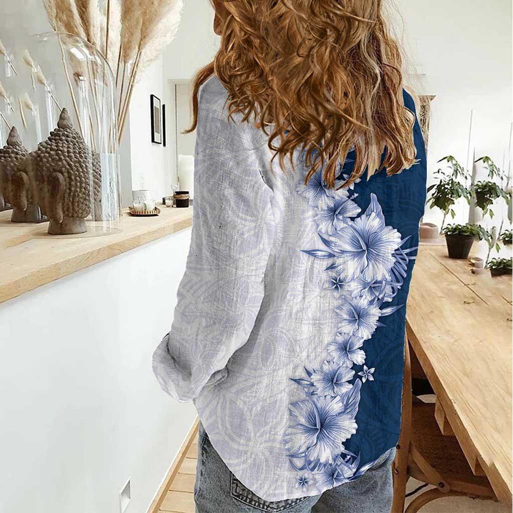 Hawaii Hibiscus Flowers Women Casual Shirt Blue Polynesian Pattern