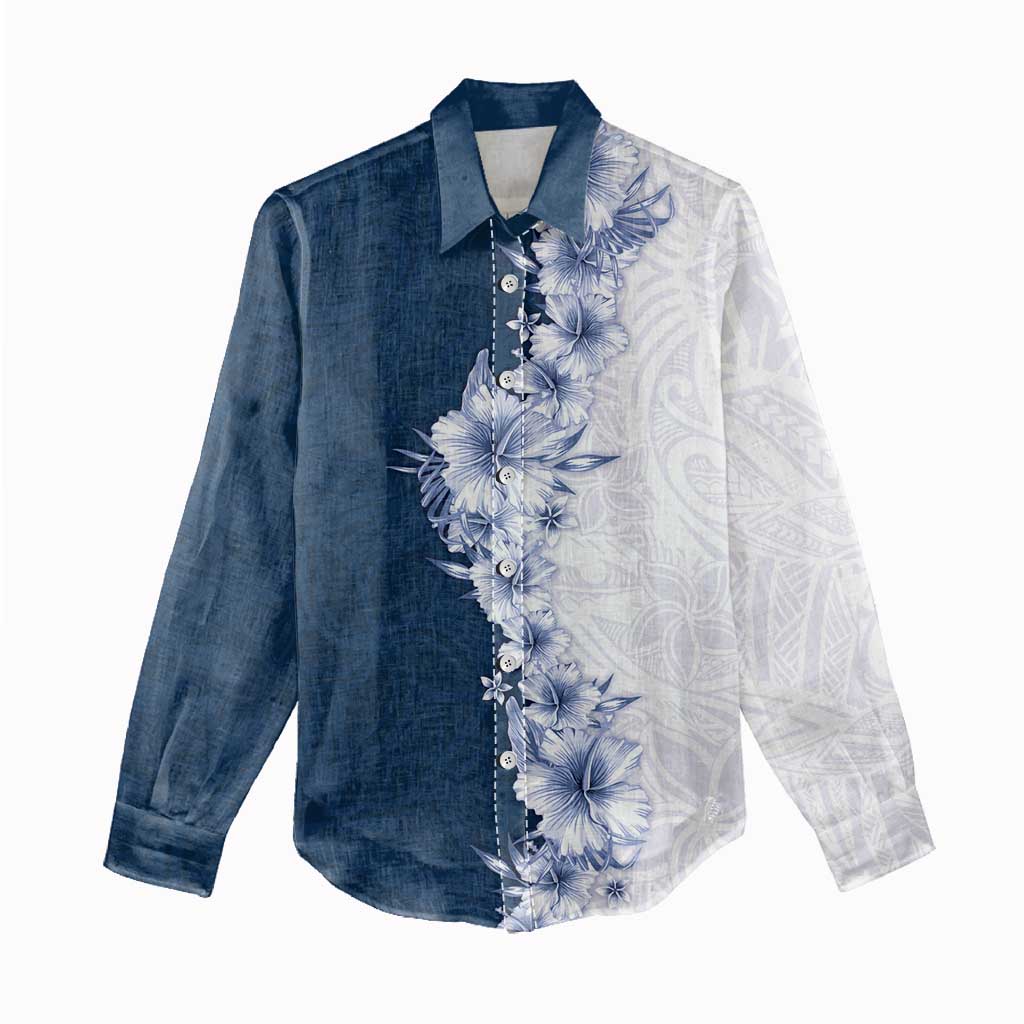 Hawaii Hibiscus Flowers Women Casual Shirt Blue Polynesian Pattern