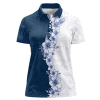 Hawaii Hibiscus Flowers Women Polo Shirt Blue Polynesian Pattern
