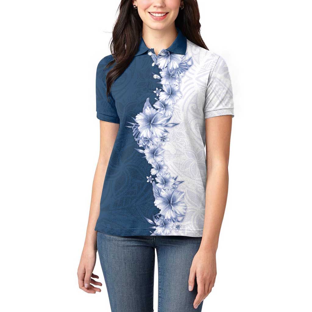 Hawaii Hibiscus Flowers Women Polo Shirt Blue Polynesian Pattern
