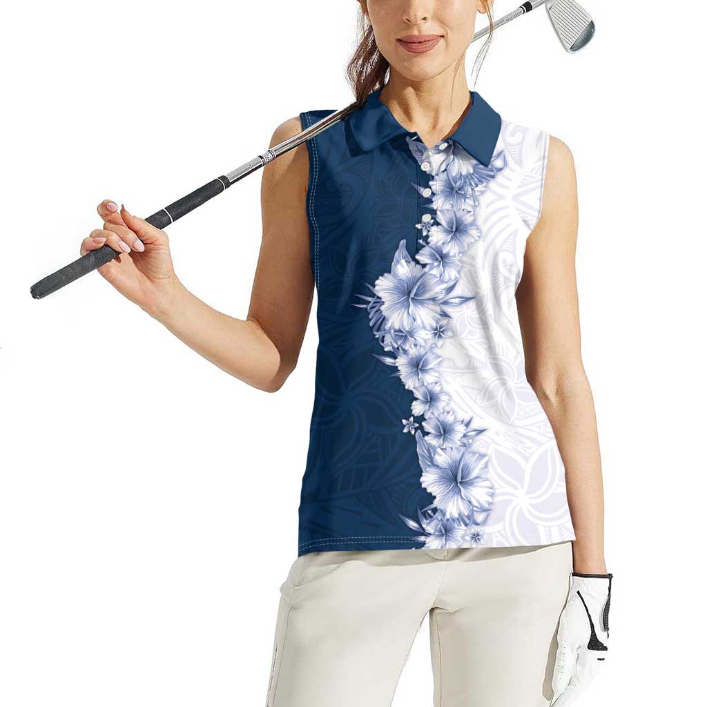 Hawaii Hibiscus Flowers Women Sleeveless Polo Shirt Blue Polynesian Pattern