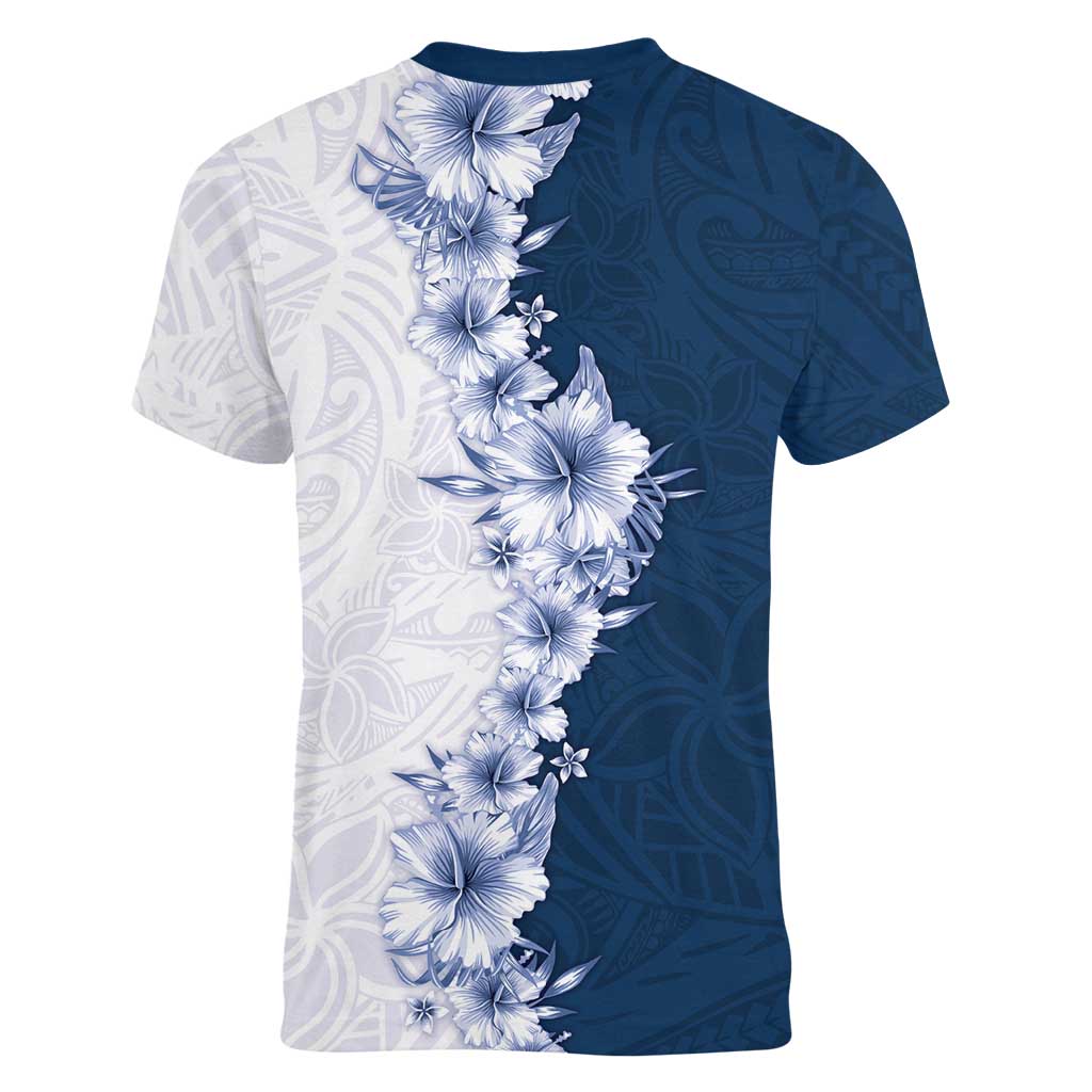 Hawaii Hibiscus Flowers Women V-Neck T-Shirt Blue Polynesian Pattern