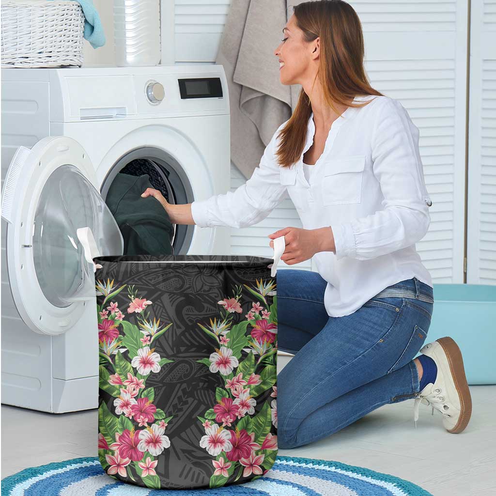 Hawaii Tropical Flowers Laundry Basket Black Polynesian Tattoo Art