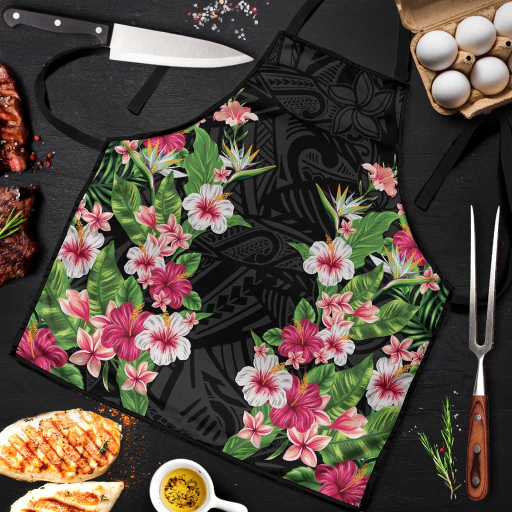 Hawaii Tropical Flowers Apron Black Polynesian Tattoo Art