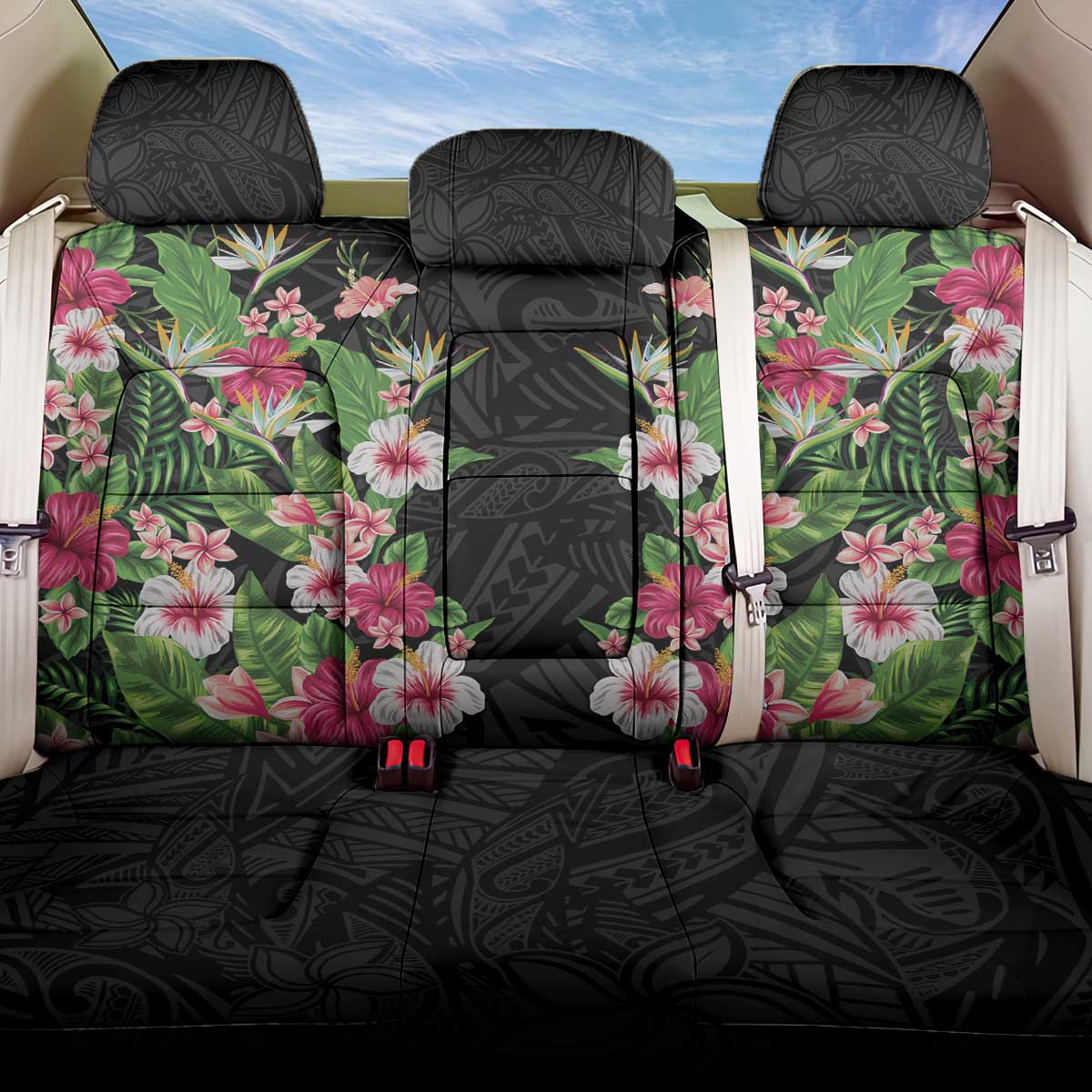 Hawaii Tropical Flowers Back Car Seat Cover Black Polynesian Tattoo Art LT05 One Size Black - Polynesian Pride