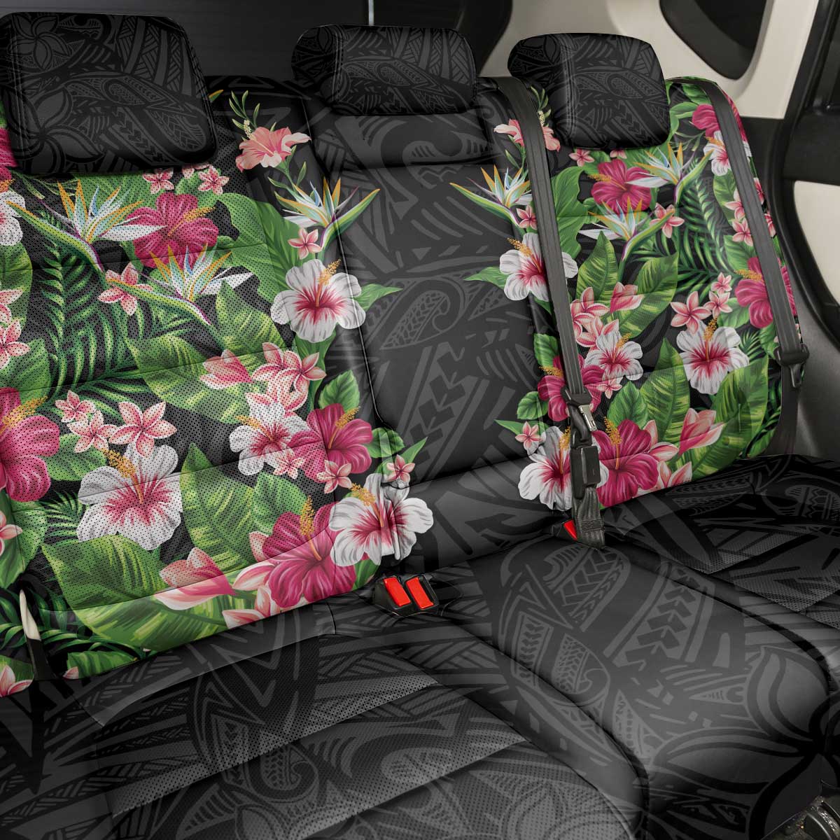 Hawaii Tropical Flowers Back Car Seat Cover Black Polynesian Tattoo Art LT05 - Polynesian Pride