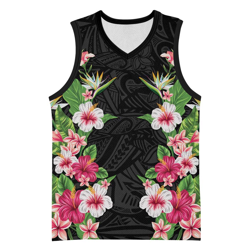 Hawaii Tropical Flowers Basketball Jersey Black Polynesian Tattoo Art