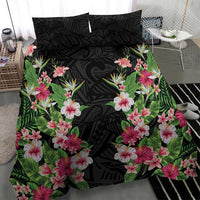 Hawaii Tropical Flowers Bedding Set Black Polynesian Tattoo Art