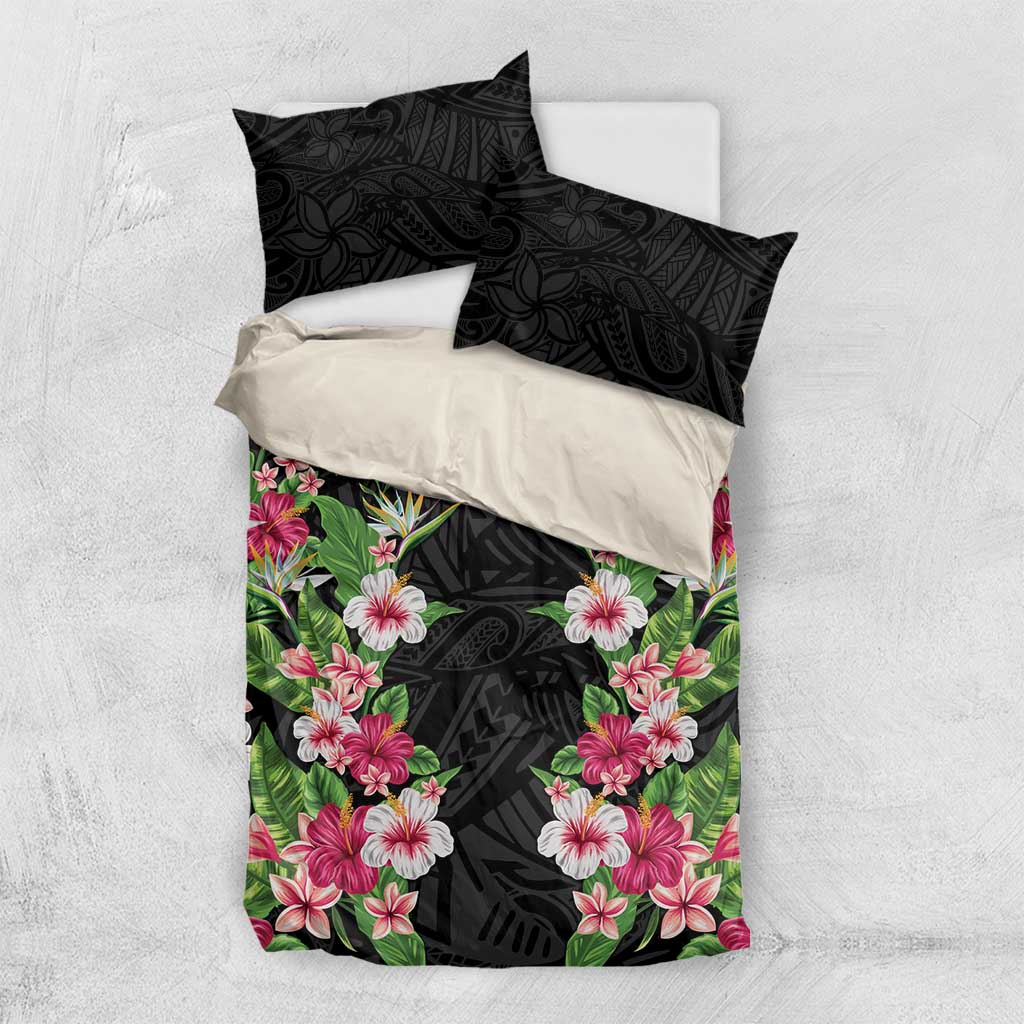 Hawaii Tropical Flowers Bedding Set Black Polynesian Tattoo Art