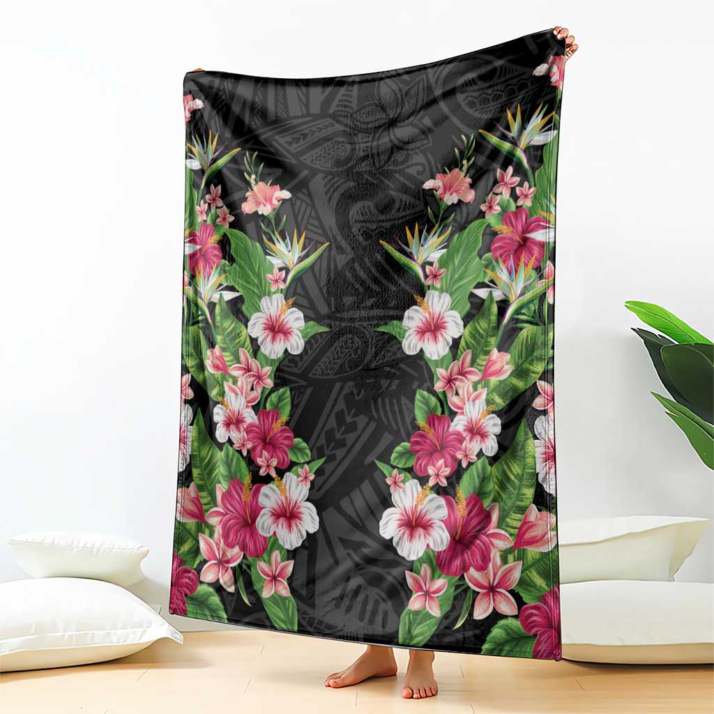 Hawaii Tropical Flowers Blanket Black Polynesian Tattoo Art
