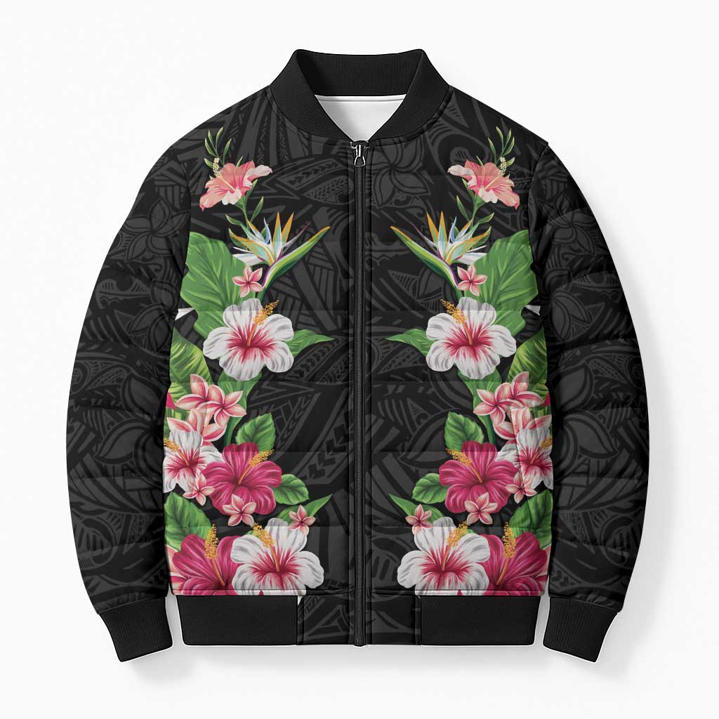 Hawaii Tropical Flowers Bomber Puffer Jacket Black Polynesian Tattoo Art