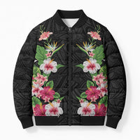 Hawaii Tropical Flowers Bomber Puffer Jacket Black Polynesian Tattoo Art