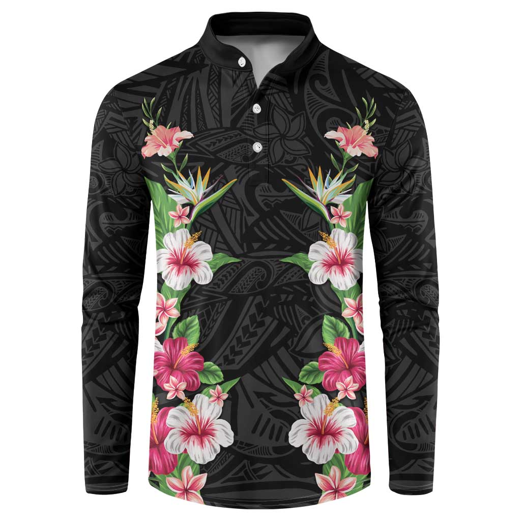 Hawaii Tropical Flowers Button Sweatshirt Black Polynesian Tattoo Art