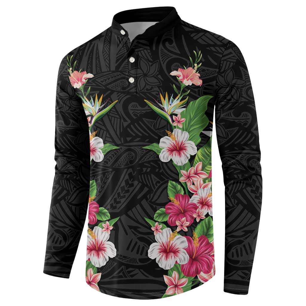 Hawaii Tropical Flowers Button Sweatshirt Black Polynesian Tattoo Art