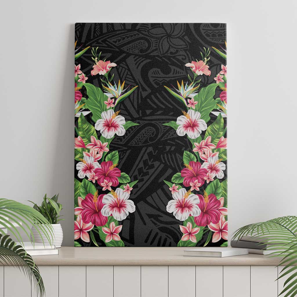 Hawaii Tropical Flowers Canvas Wall Art Black Polynesian Tattoo Art