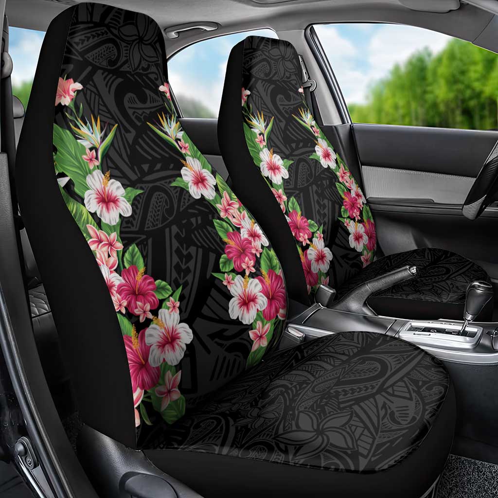 Hawaii Tropical Flowers Car Seat Cover Black Polynesian Tattoo Art LT05 - Polynesian Pride