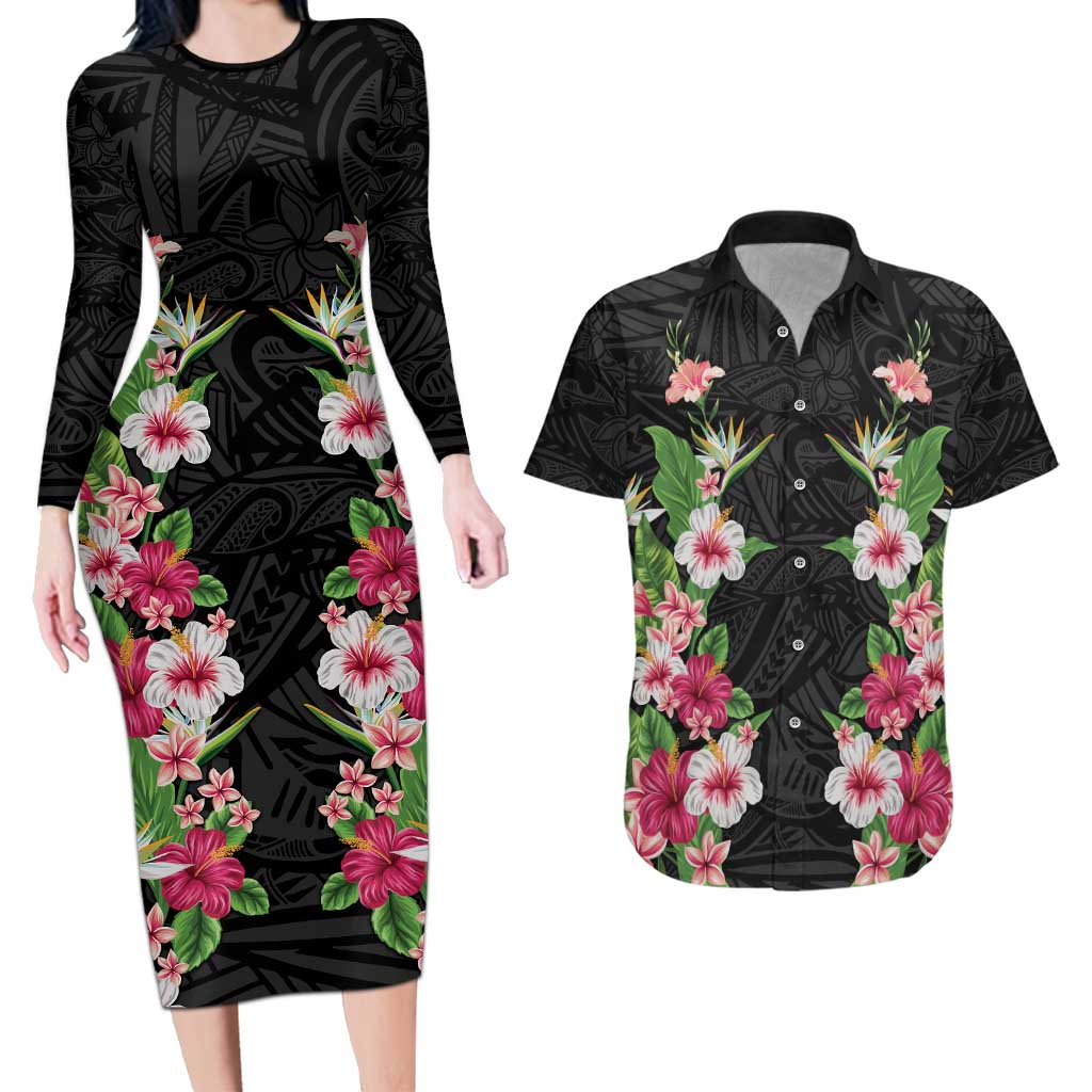 Hawaii Tropical Flowers Couples Matching Long Sleeve Bodycon Dress and Hawaiian Shirt Black Polynesian Tattoo Art