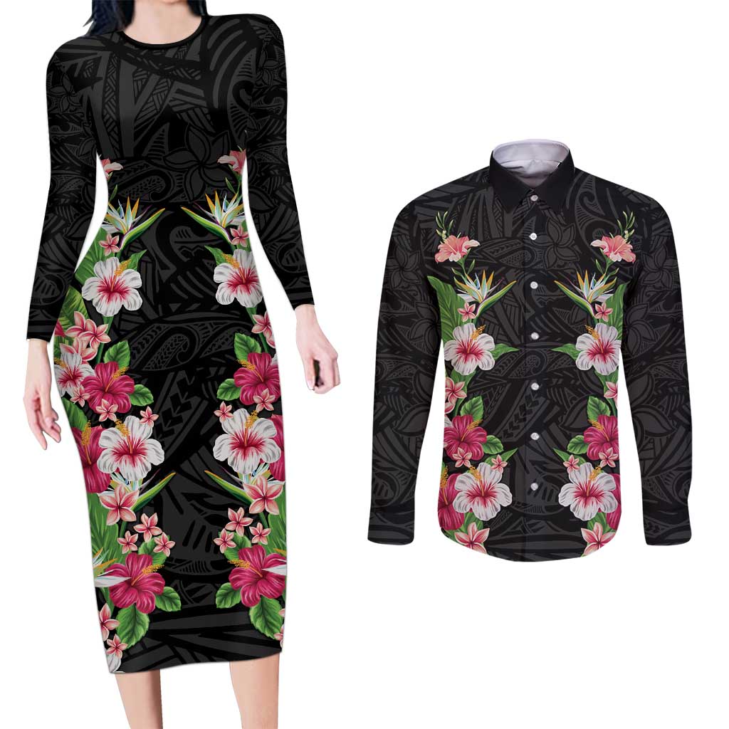 Hawaii Tropical Flowers Couples Matching Long Sleeve Bodycon Dress and Long Sleeve Button Shirt Black Polynesian Tattoo Art
