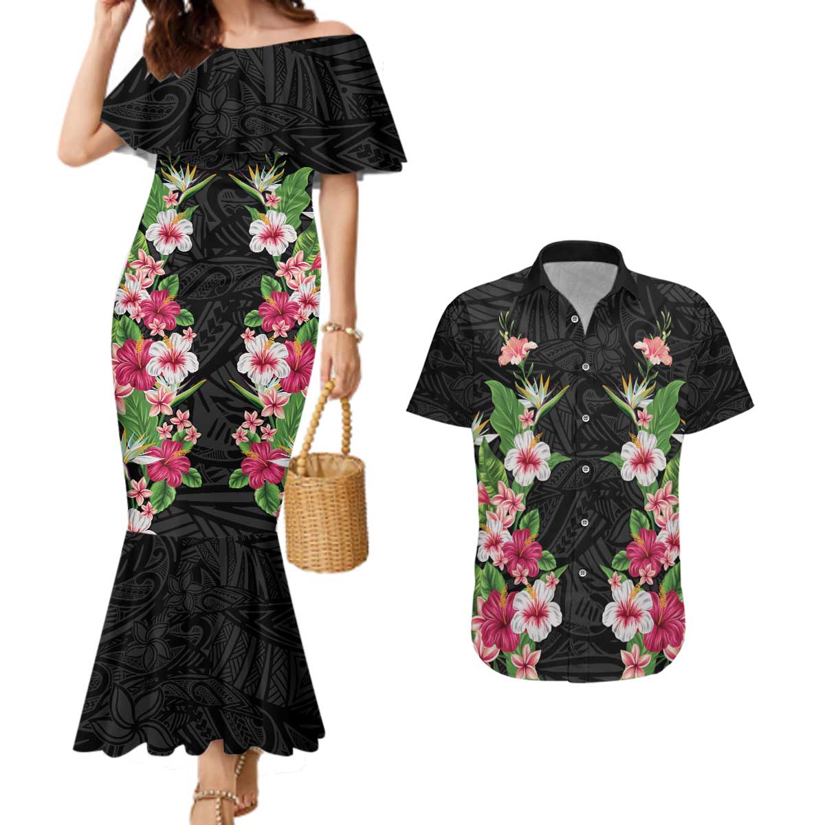 Hawaii Tropical Flowers Couples Matching Mermaid Dress and Hawaiian Shirt Black Polynesian Tattoo Art