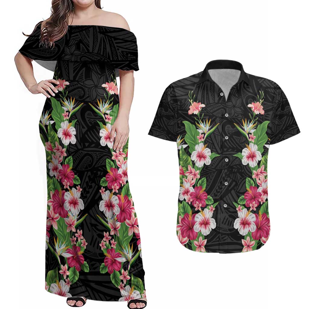 Hawaii Tropical Flowers Couples Matching Off Shoulder Maxi Dress and Hawaiian Shirt Black Polynesian Tattoo Art