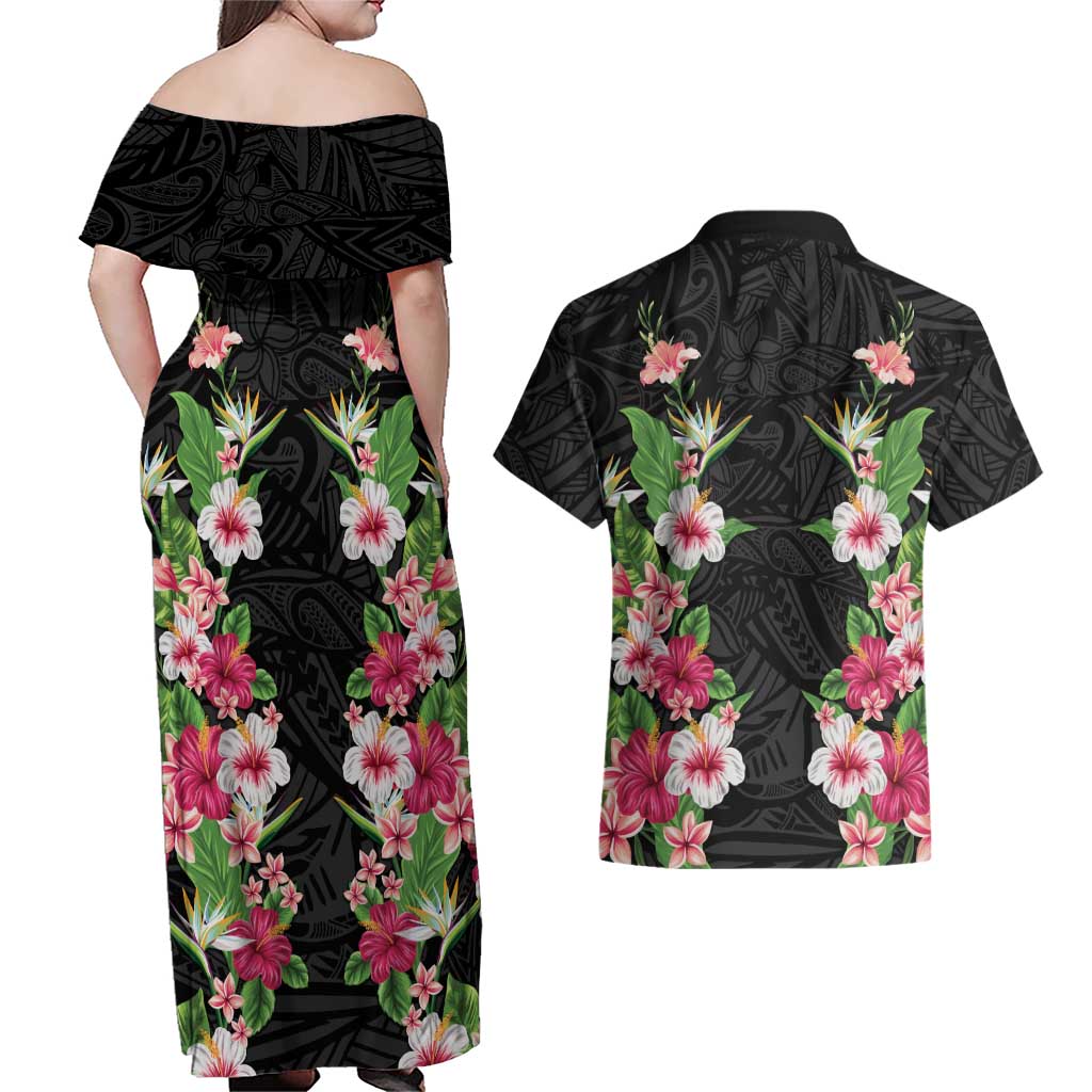 Hawaii Tropical Flowers Couples Matching Off Shoulder Maxi Dress and Hawaiian Shirt Black Polynesian Tattoo Art