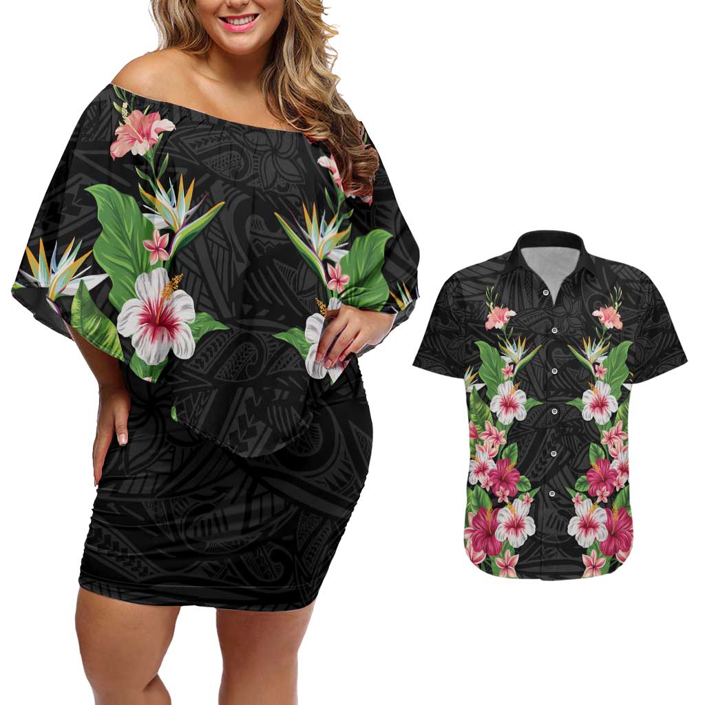 Hawaii Tropical Flowers Couples Matching Off Shoulder Short Dress and Hawaiian Shirt Black Polynesian Tattoo Art