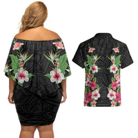 Hawaii Tropical Flowers Couples Matching Off Shoulder Short Dress and Hawaiian Shirt Black Polynesian Tattoo Art