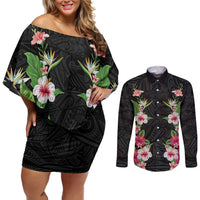 Hawaii Tropical Flowers Couples Matching Off Shoulder Short Dress and Long Sleeve Button Shirt Black Polynesian Tattoo Art LT05 Black - Polynesian Pride