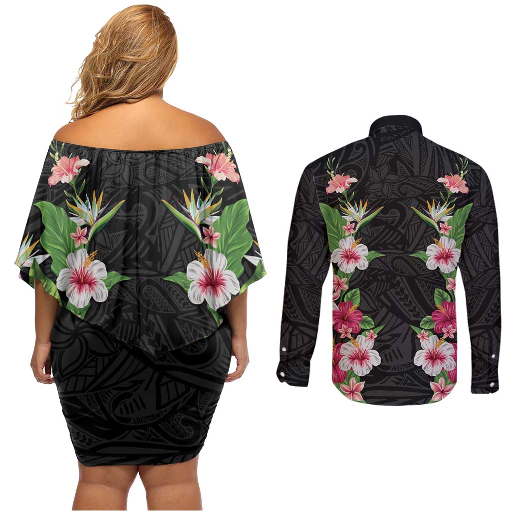 Hawaii Tropical Flowers Couples Matching Off Shoulder Short Dress and Long Sleeve Button Shirt Black Polynesian Tattoo Art LT05 - Polynesian Pride