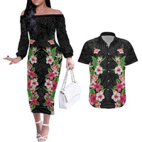 Hawaii Tropical Flowers Couples Matching Off The Shoulder Long Sleeve Dress and Hawaiian Shirt Black Polynesian Tattoo Art