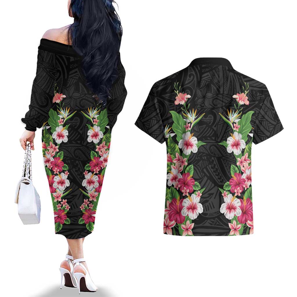 Hawaii Tropical Flowers Couples Matching Off The Shoulder Long Sleeve Dress and Hawaiian Shirt Black Polynesian Tattoo Art