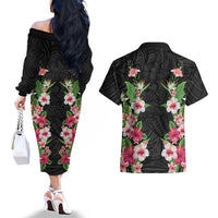 Hawaii Tropical Flowers Couples Matching Off The Shoulder Long Sleeve Dress and Hawaiian Shirt Black Polynesian Tattoo Art