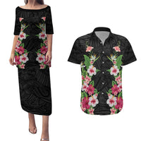 Hawaii Tropical Flowers Couples Matching Puletasi and Hawaiian Shirt Black Polynesian Tattoo Art