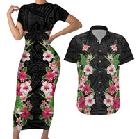 Hawaii Tropical Flowers Couples Matching Short Sleeve Bodycon Dress and Hawaiian Shirt Black Polynesian Tattoo Art