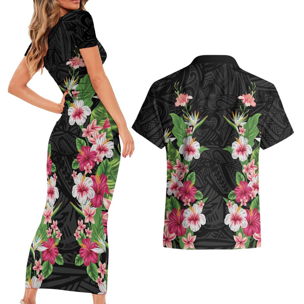 Hawaii Tropical Flowers Couples Matching Short Sleeve Bodycon Dress and Hawaiian Shirt Black Polynesian Tattoo Art