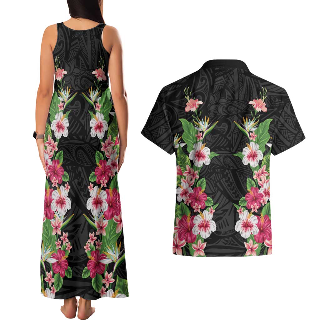 Hawaii Tropical Flowers Couples Matching Tank Maxi Dress and Hawaiian Shirt Black Polynesian Tattoo Art