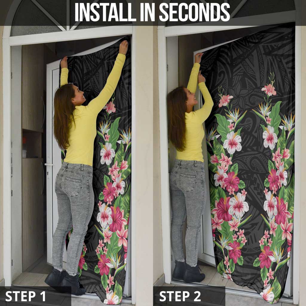 Hawaii Tropical Flowers Door Cover Black Polynesian Tattoo Art