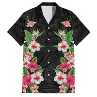 Hawaii Tropical Flowers Family Matching Long Sleeve Bodycon Dress and Hawaiian Shirt Black Polynesian Tattoo Art