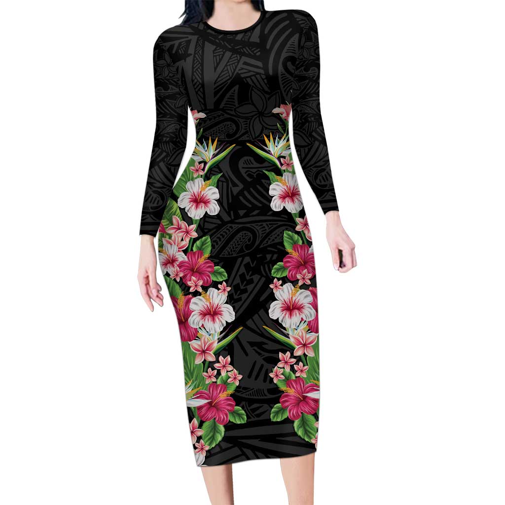 Hawaii Tropical Flowers Family Matching Long Sleeve Bodycon Dress and Hawaiian Shirt Black Polynesian Tattoo Art