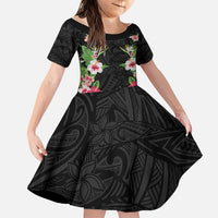 Hawaii Tropical Flowers Family Matching Mermaid Dress and Hawaiian Shirt Black Polynesian Tattoo Art