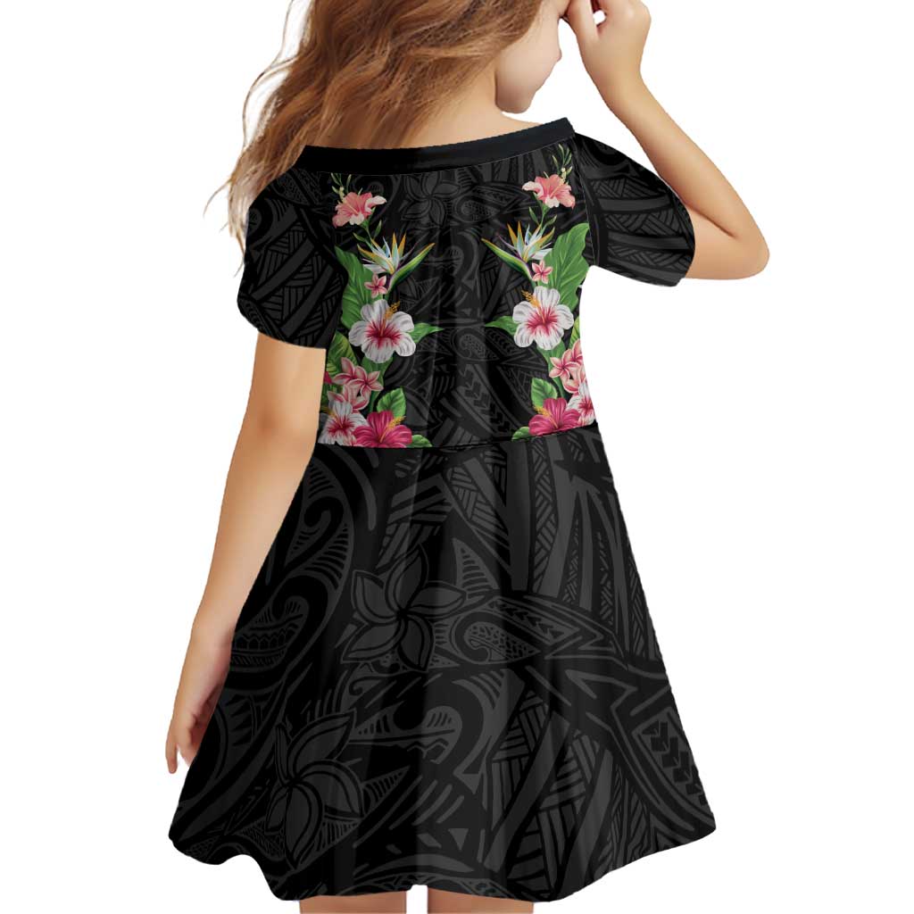 Hawaii Tropical Flowers Family Matching Mermaid Dress and Hawaiian Shirt Black Polynesian Tattoo Art