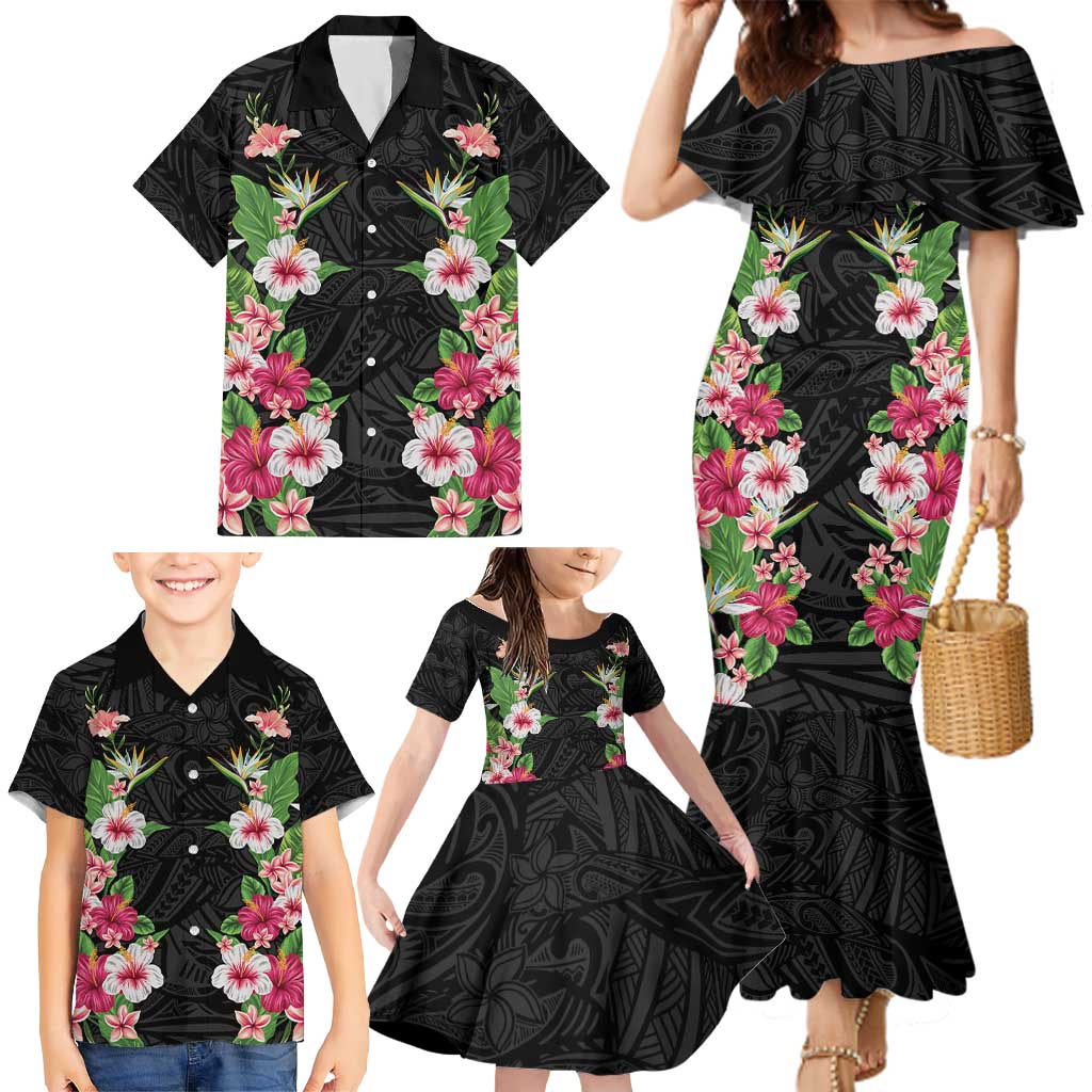Hawaii Tropical Flowers Family Matching Mermaid Dress and Hawaiian Shirt Black Polynesian Tattoo Art