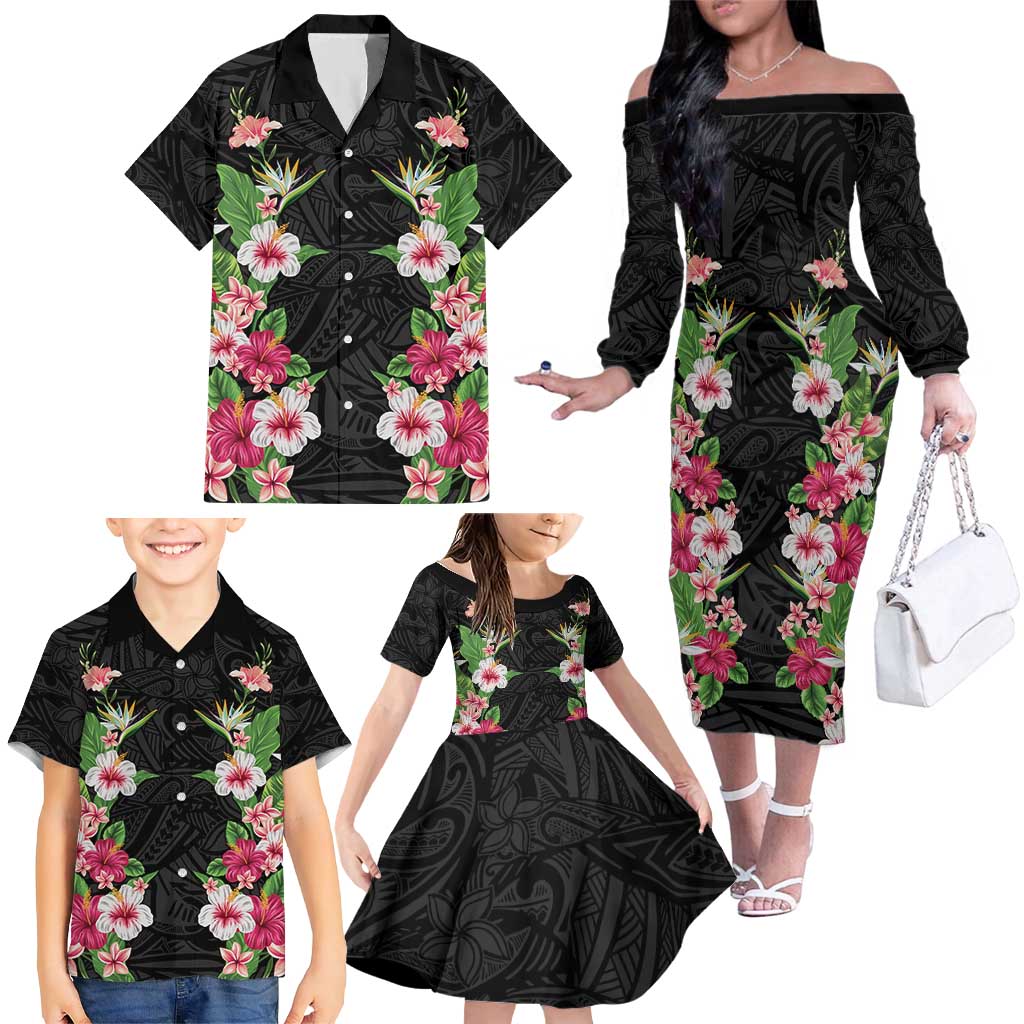 Hawaii Tropical Flowers Family Matching Off The Shoulder Long Sleeve Dress and Hawaiian Shirt Black Polynesian Tattoo Art